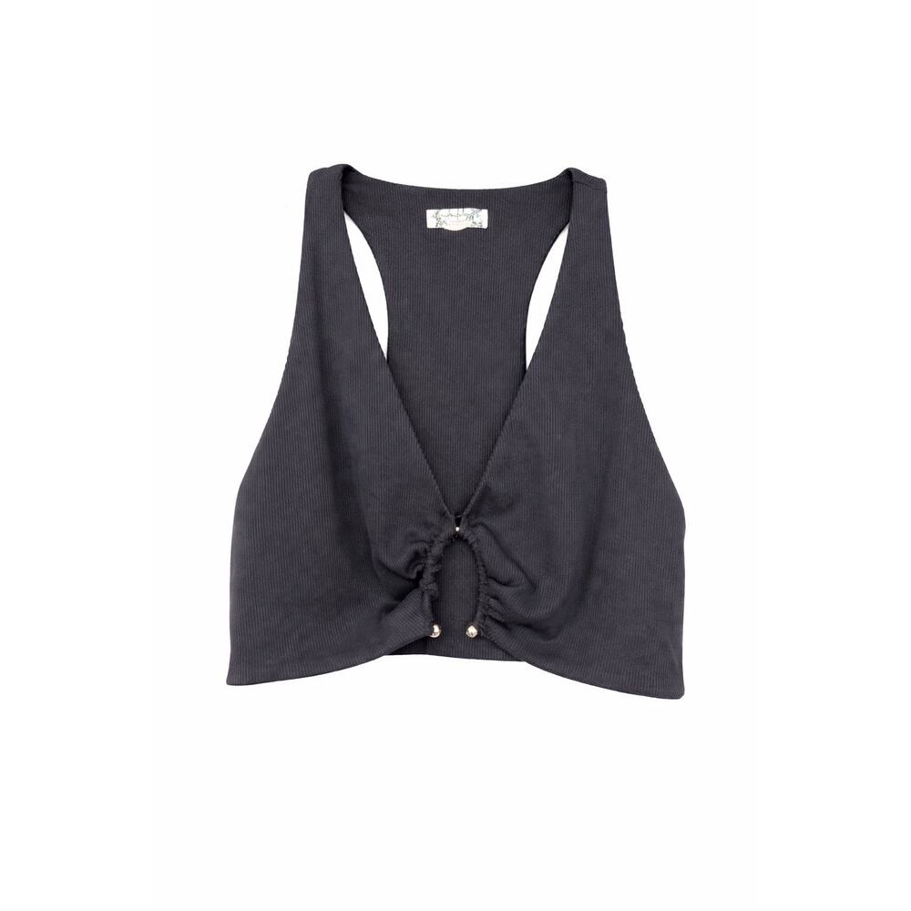 Free People Intimately XS/P Black Ribbed Ruched Front Cami Crop Top Boho Y2K